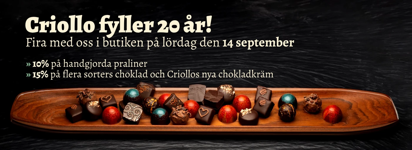 Criollo chocolaterie firar 20 år, med erbjudanden på handgjorda praliner och chokladkräm i butiken den 14 september.